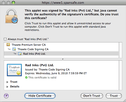 Certificate details for upload applet