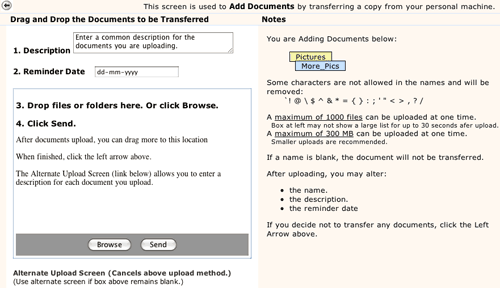 Upload screen for multiple document transfer